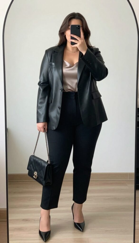 A woman in a black leather blazer over a silk camisole and high-waist trousers, posing confidently.
