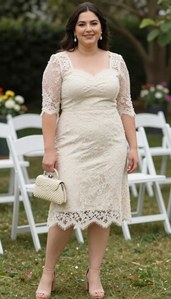 Woman in ivory lace A-line dress with pearl accessories at garden wedding