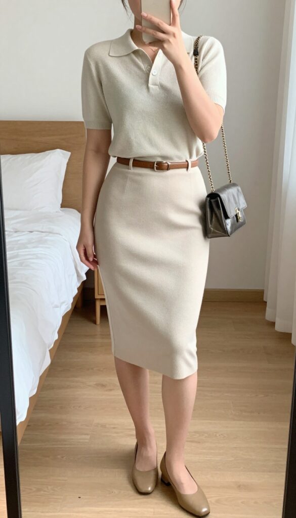 Woman in pastel knit polo and pencil skirt with low heels, chain bag, and minimal jewelry, standing in a bright office setting.