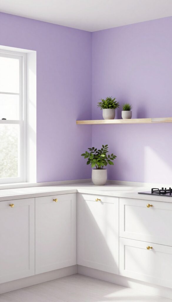 Small kitchen with light lavender walls, white trim, open shelving, natural wood accents, plants, and brass hardware, bright natural light.