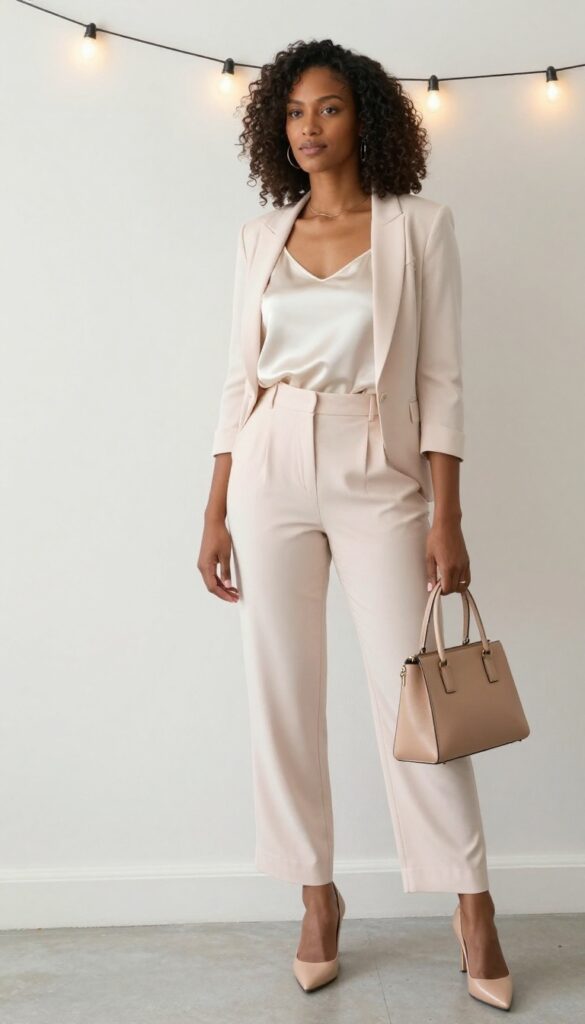 Dark-skinned woman in blush pantsuit and cream silk camisole at evening wedding reception