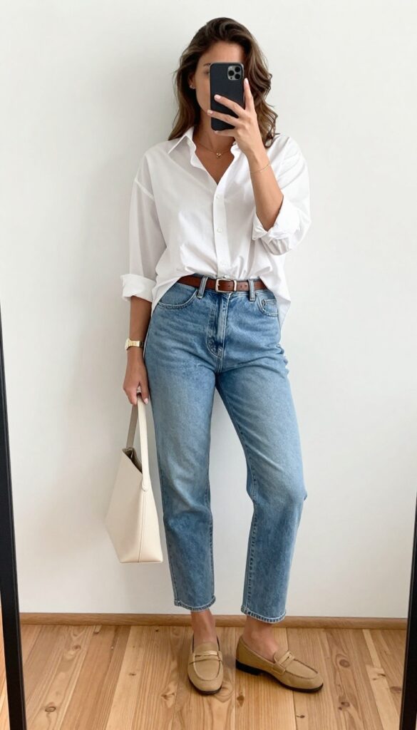 A curvy woman in a white button-down shirt half-tucked into light-wash mom jeans, with rolled sleeves, a leather belt, tan loafers, and a cream tote bag, taking a mirror selfie in a bright room.
