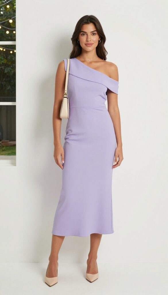 Lilac off-shoulder midi dress with nude pointed flats and small nude shoulder bag, worn at an evening garden wedding reception with string lights.