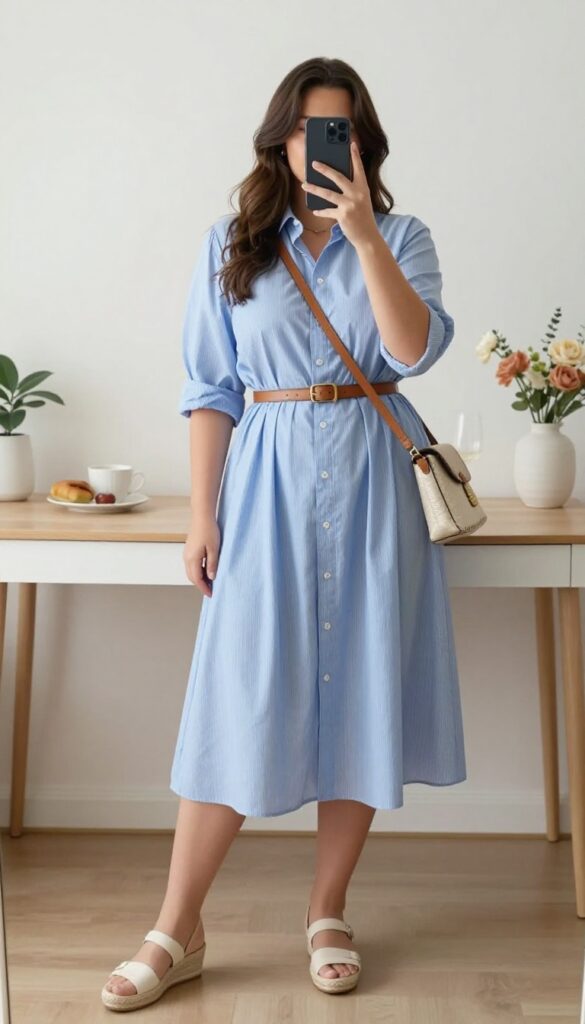 Woman in light blue cotton shirtdress with belt and espadrille wedges, standing in office setting.
