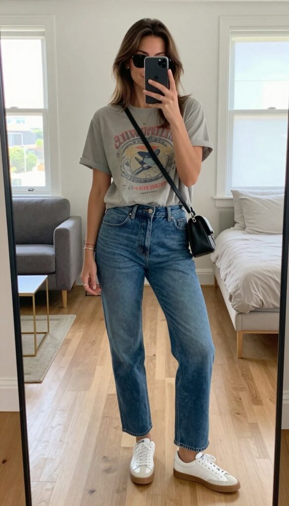 A mom in a graphic tee and straight-leg jeans takes a mirror selfie in a bright room, showcasing a casual, stylish outfit.