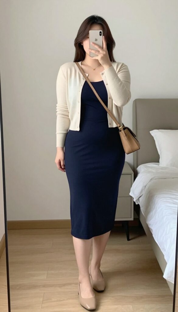 A woman in a cream cardigan and navy midi dress with nude flats, standing in a mirror selfie pose, partially covering her face with a phone.