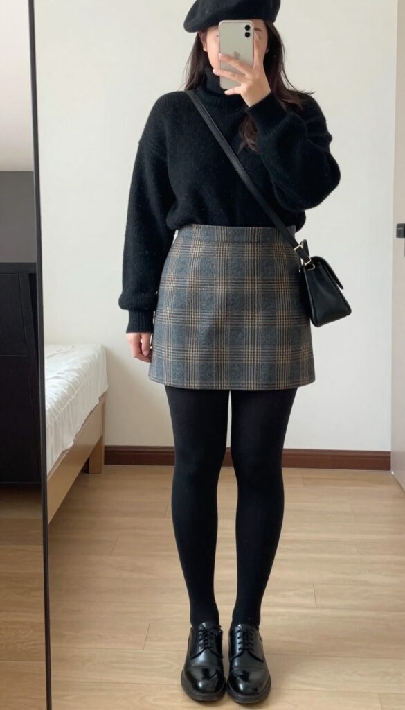 Woman in sweater blazer, mini skirt, tights, and oxfords, posing in a mirror selfie.