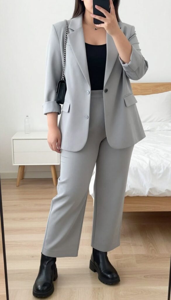 Woman in pale blazer, black graphic tee, and gray culottes posing in mirror selfie