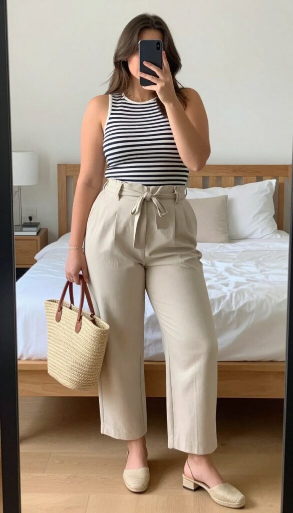 Woman in paperbag waist pants and striped top, taking a mirror selfie