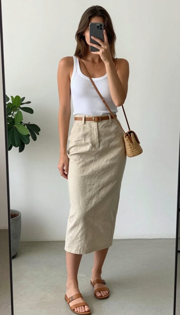 A woman in a white tank top and beige linen pencil skirt with an unbuttoned blue chambray shirt, tan sandals, and a woven bag, taking a mirror selfie in a bright room.