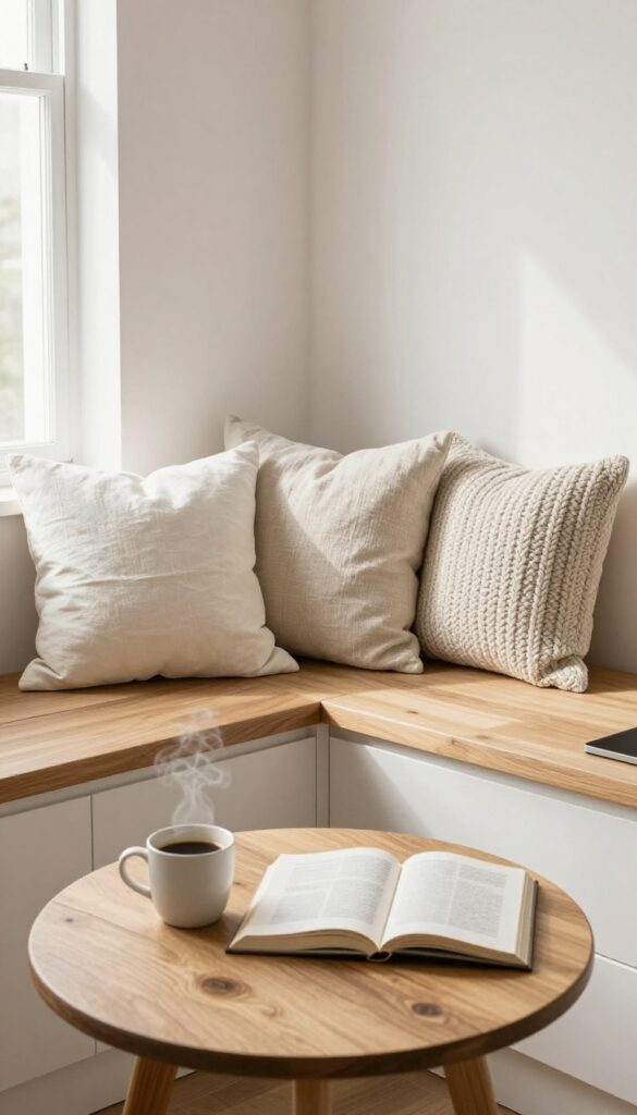 Cozy kitchen bench with cushions and pillows near a window