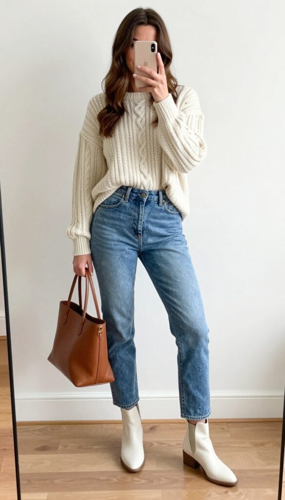 Woman in high-waisted mom jeans and relaxed knit sweater taking a mirror selfie, with ankle boots and tote bag, cozy casual outfit.