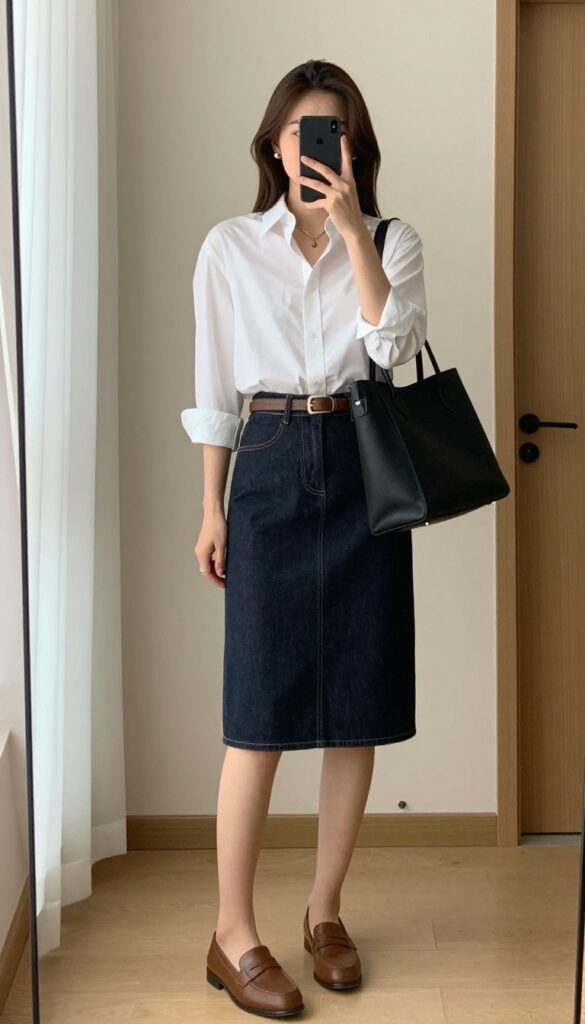Woman in dark denim skirt and white button-up shirt, taking a mirror selfie in a bright office hallway, showcasing business casual outfit.