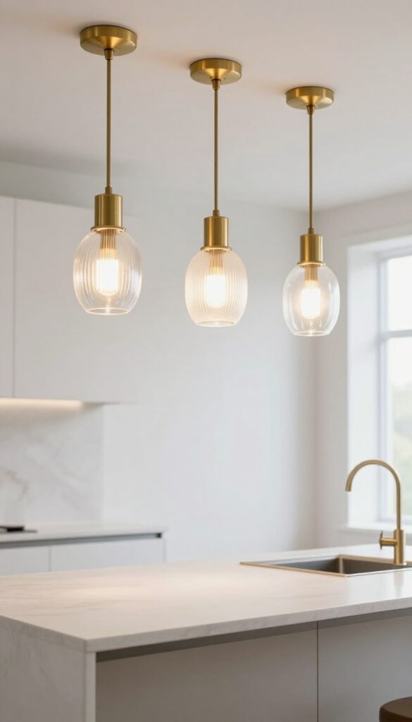 Modern kitchen island with clustered mini pendants at varying heights, translucent glass shades, brushed brass finish, bright natural light, clean composition.
