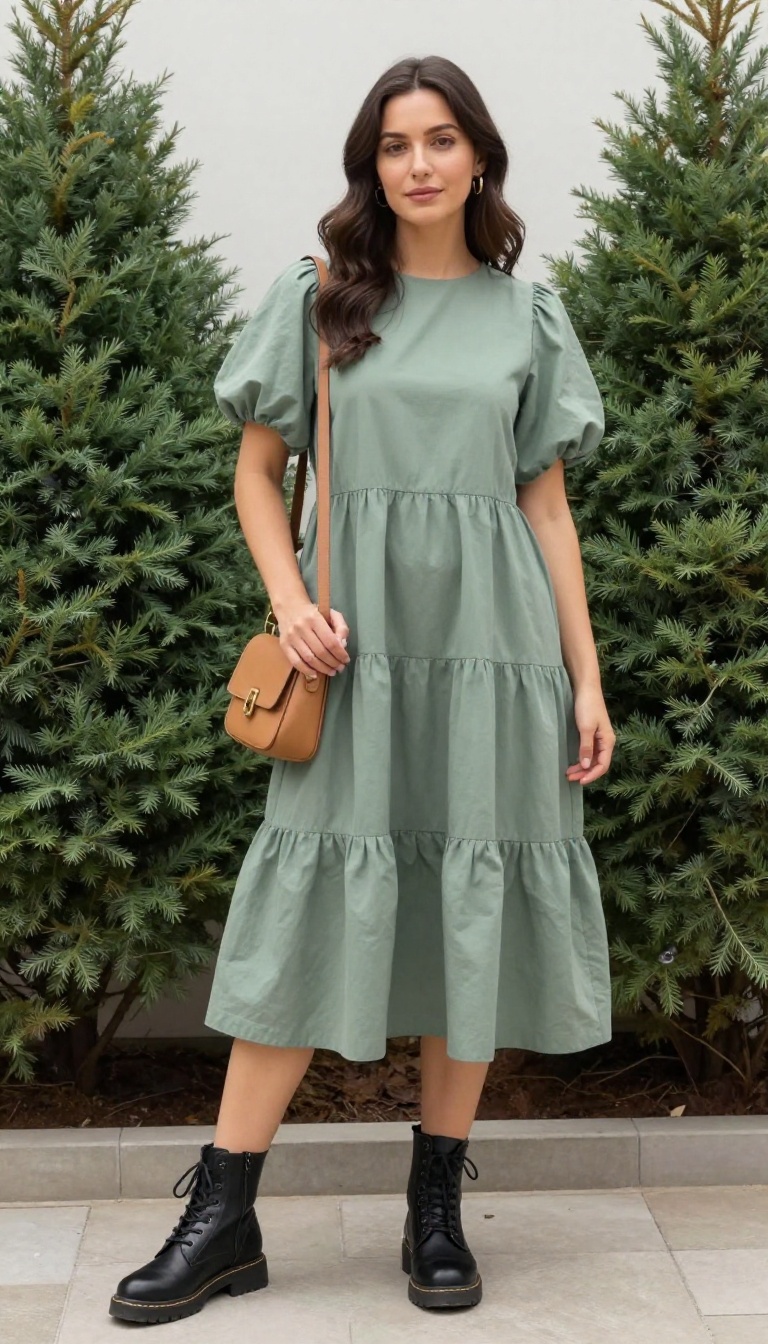 Young woman in sage green tiered smock dress and black combat boots, standing in sunny garden, tan crossbody bag, gold hoop earrings, natural waves, casual confident pose.