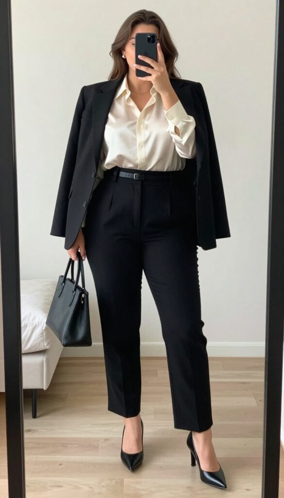 Woman in black tailored trousers, cream silk blouse, and black blazer with pointed-toe pumps and leather tote.