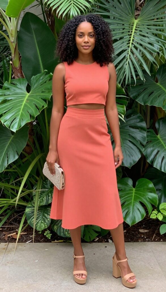 Dark-skinned woman in coral crop top and high-waisted skirt with nude platform sandals and beaded clutch in garden