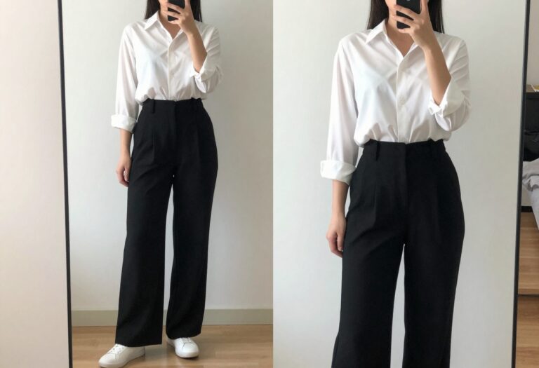 Woman in white blouse and black wide-leg trousers taking a mirror selfie in bedroom