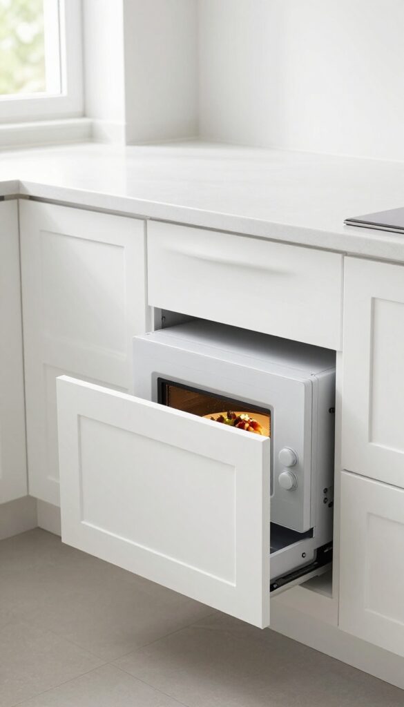 Modern kitchen with a drawer-style microwave open, showing food inside, integrated into white cabinetry with natural light.