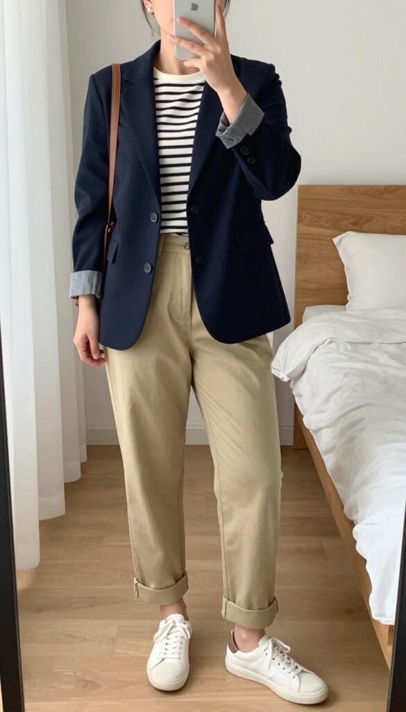 A woman in a navy blazer, striped Breton top, khaki chinos, and white sneakers, standing in a bright office setting with a leather crossbody bag.