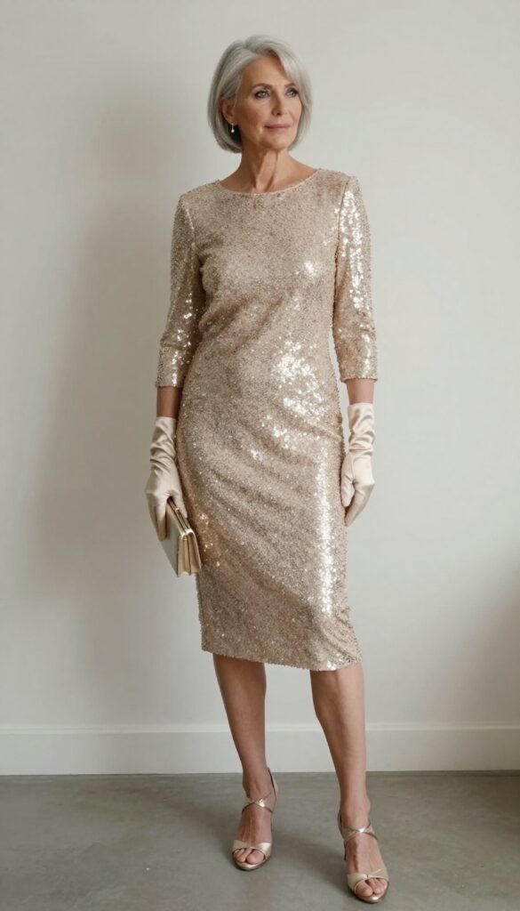 Champagne sequin sheath dress with short satin gloves, metallic heels and clutch, worn by a stylish older woman at a wedding reception.