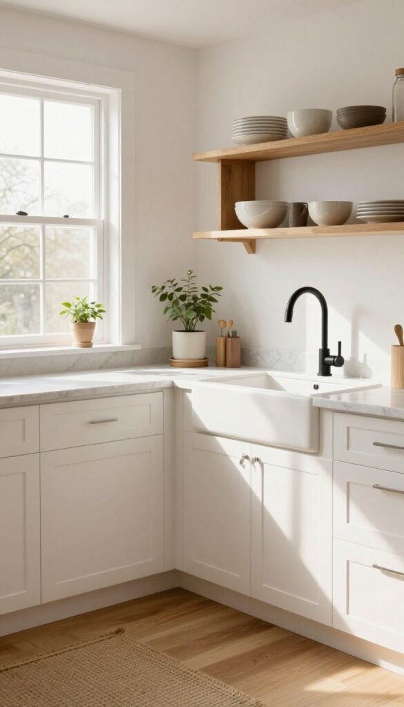 Bright kitchen with warm white walls, wood shelving, marble countertop, black faucet, and natural light.