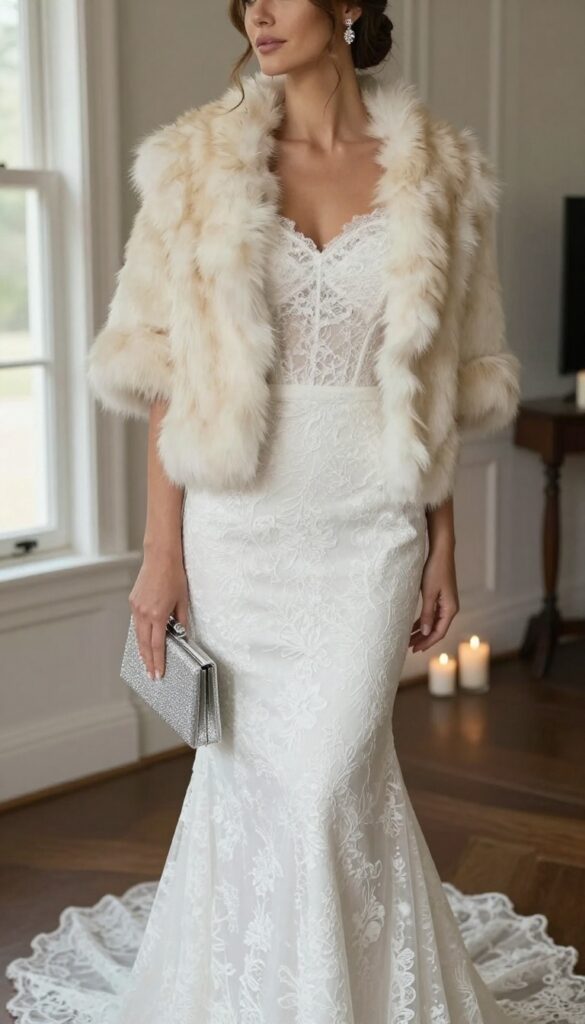 Woman in lace mermaid wedding dress with fur stole and silver clutch at winter wedding venue