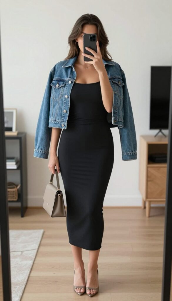 A woman in a neutral bodycon dress and cropped denim jacket takes a mirror selfie, wearing heeled sandals and carrying a mini bag, in a bright, modern room.