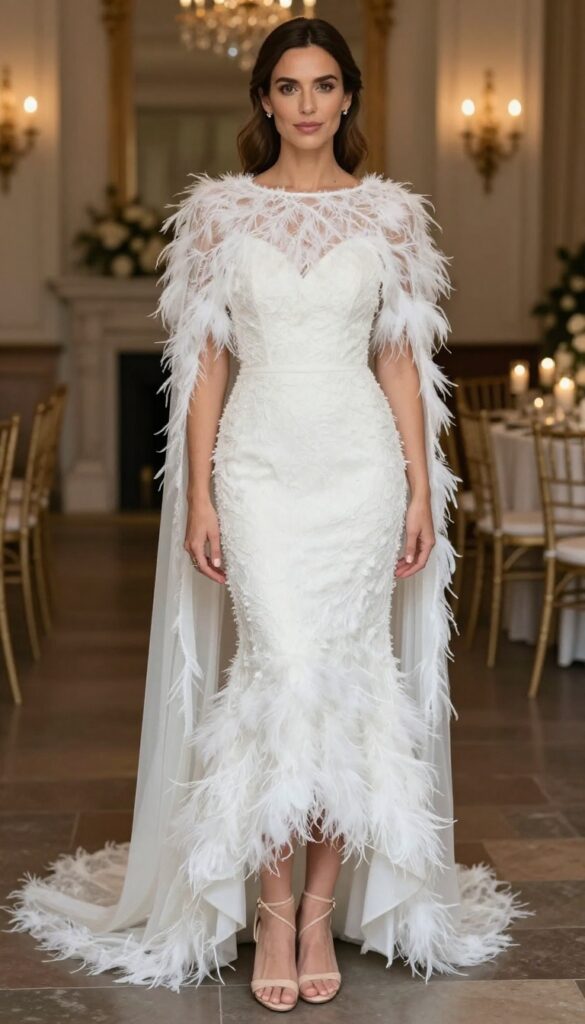 Woman in mermaid wedding dress with feather-trim cape and strappy heels, standing in candlelit ballroom.