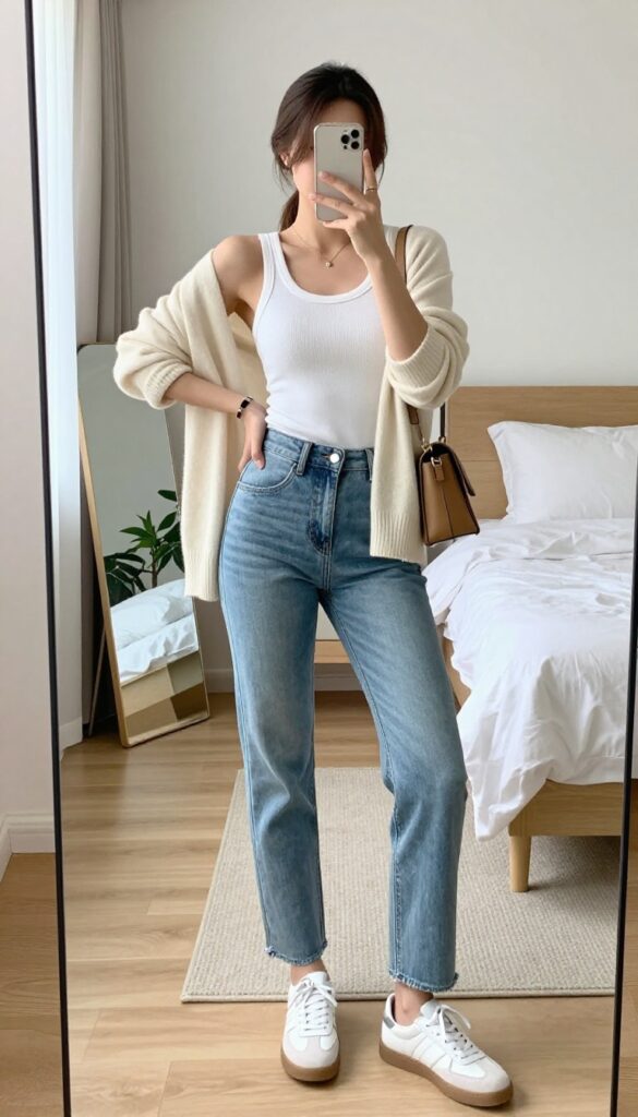 Woman in a white tank top and light-wash straight-leg jeans taking a mirror selfie, with a cardigan draped over her shoulders and white sneakers.