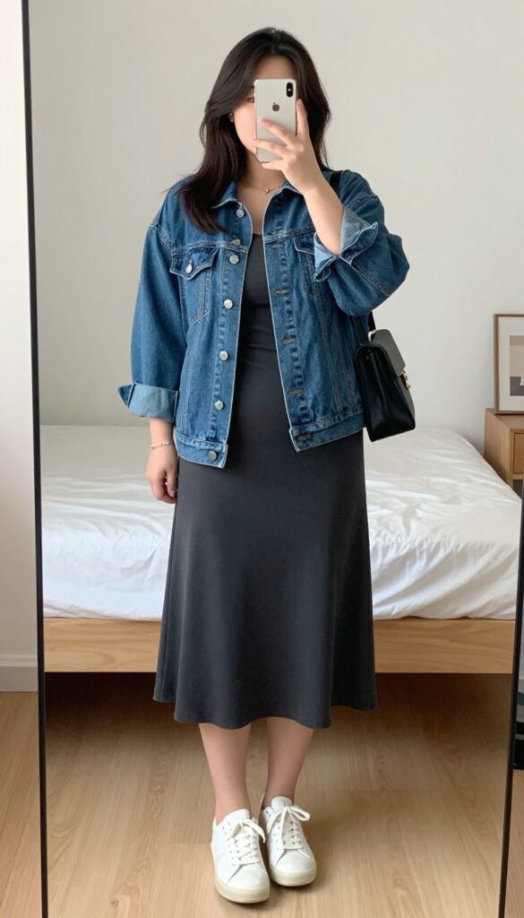 A woman wearing a light-wash denim jacket over a black midi dress with white sneakers and a crossbody bag, standing in a campus setting.