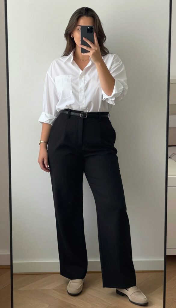 Woman in white button-down and wide-leg trousers with belt and loafers, standing in an office setting.