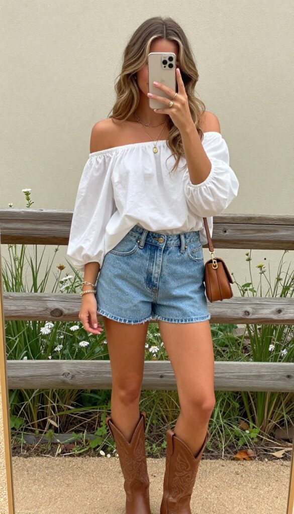 Woman taking a mirror selfie wearing off-shoulder top and denim shorts with cowboy boots and layered necklaces, summer country concert outfit.