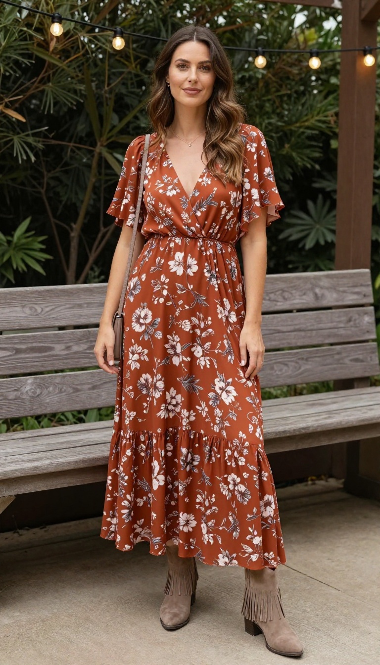 Woman in rust floral maxi dress and taupe suede fringe boots at outdoor garden wedding
