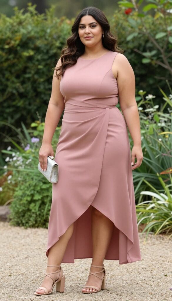 Plus-size woman in fuchsia high-low hem dress with strappy heels at outdoor garden wedding