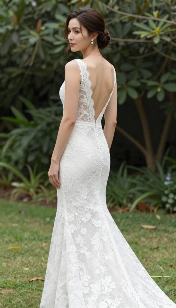 Woman in vintage-inspired lace column wedding dress with scalloped hem and keyhole back, pearl earrings, low block heels, loose low bun, standing in garden.