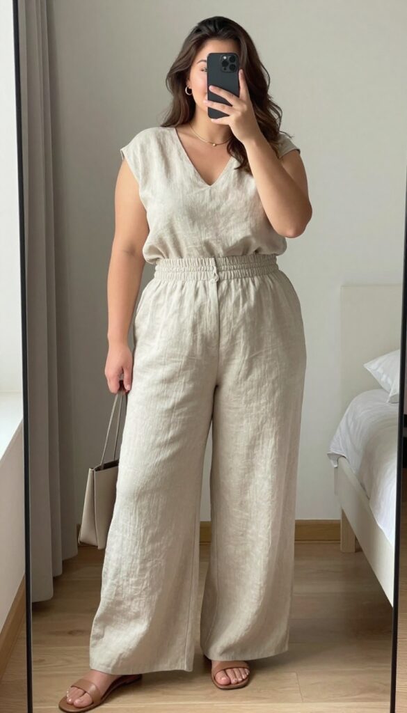 A woman wearing a matching linen blend set with a relaxed top and wide-leg pants, accessorized with delicate gold jewelry and minimalist sandals, holding a structured tote bag in a bright office setting.