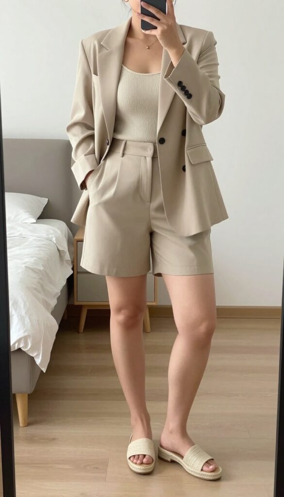 Woman in matching tailored shorts and blazer with camisole, espadrilles, and structured tote, standing in a sunny outdoor setting.