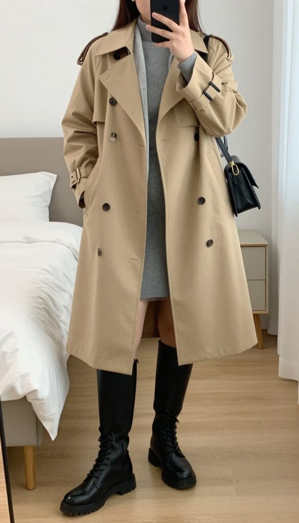 A woman in a camel trench coat and knit dress poses in a mirror selfie, wearing combat boots and holding a crossbody bag, with a scarf for polish.