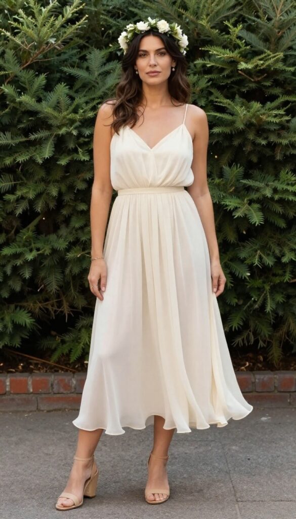 Curvy bride in ivory empire waist chiffon gown with flowing skirt, floral crown, standing in sunny garden, smiling naturally.
