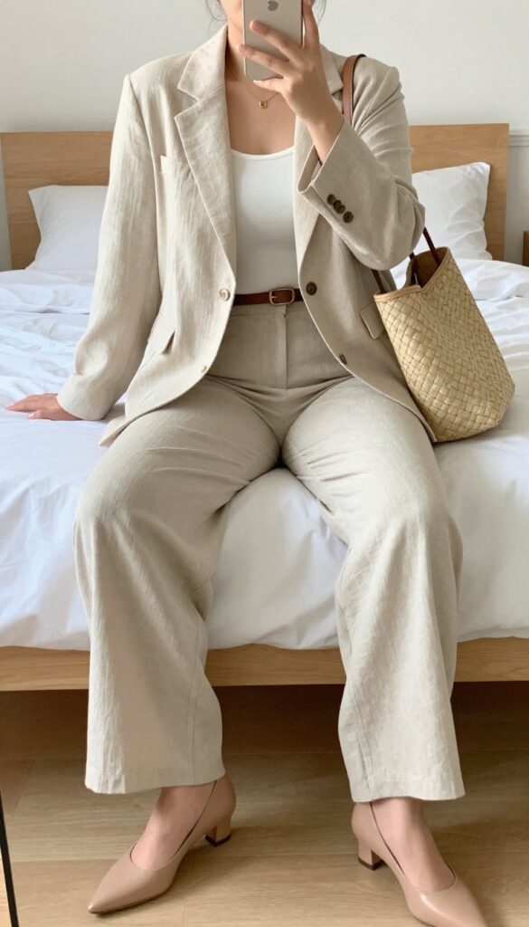 Monochrome beige outfit with blazer, silk top, wide-leg pants, and nude pumps, accessorized with woven bag and gold jewelry.