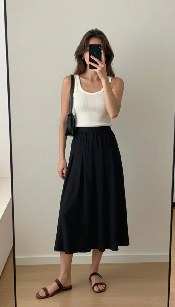 Mirror selfie of a woman wearing a black pleated midi skirt and a fitted white tank top, accessorized with gold hoops and a small shoulder bag, flat sandals, loose waves, bright natural light.