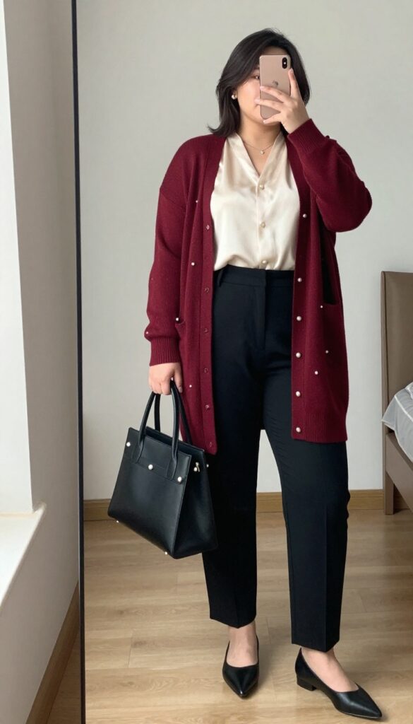 A woman in a wine red cardigan over a cream silk shell with black trousers, pearl studs, and a black handbag, standing in a festive office setting.