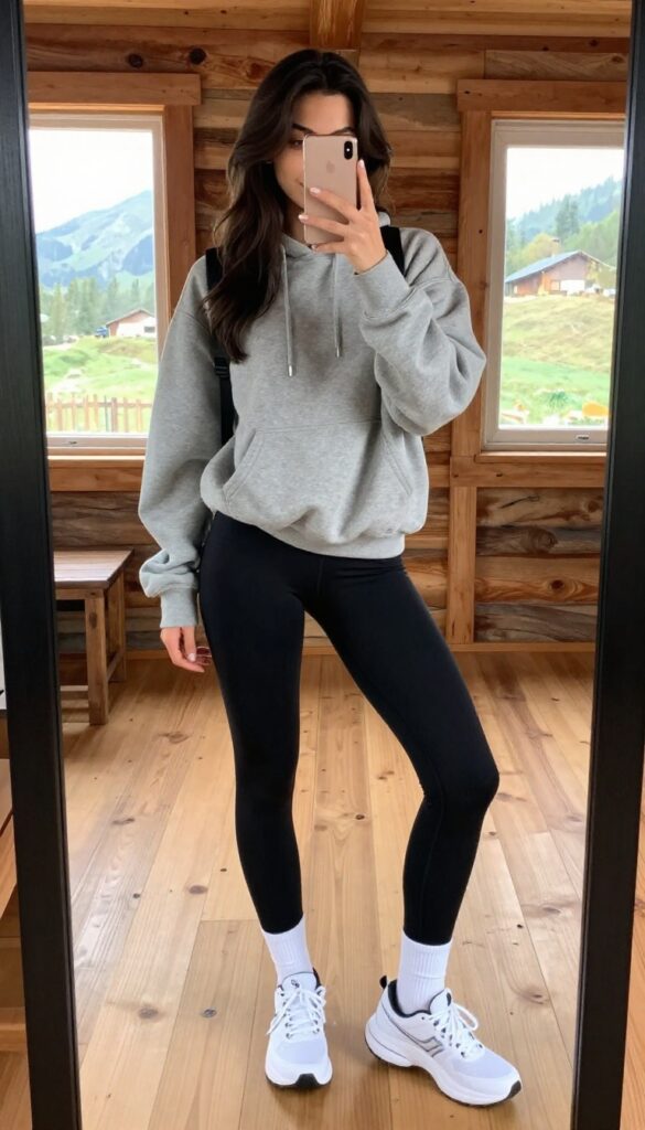 Woman in black leggings and oversized grey hoodie taking a mirror selfie in a cabin, holding a phone, with a backpack nearby.