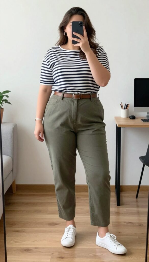 A woman wearing a striped boatneck top tucked into tapered trousers, with white sneakers and a canvas tote, standing in a bright office or casual setting.