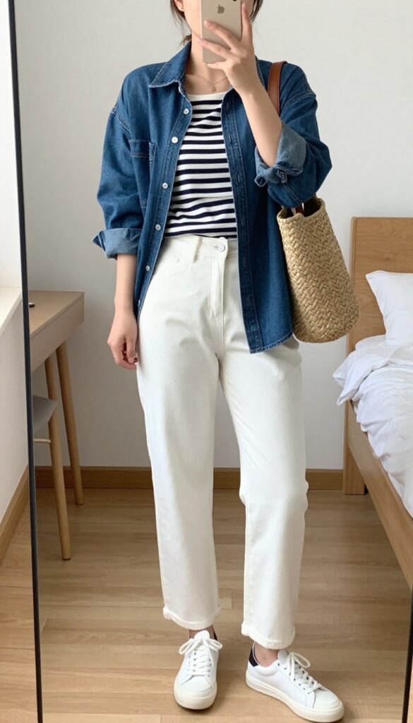 Woman in white jeans, striped Breton top, and light-wash denim jacket, posing in a mirror selfie in a bedroom, phone partially covering face.