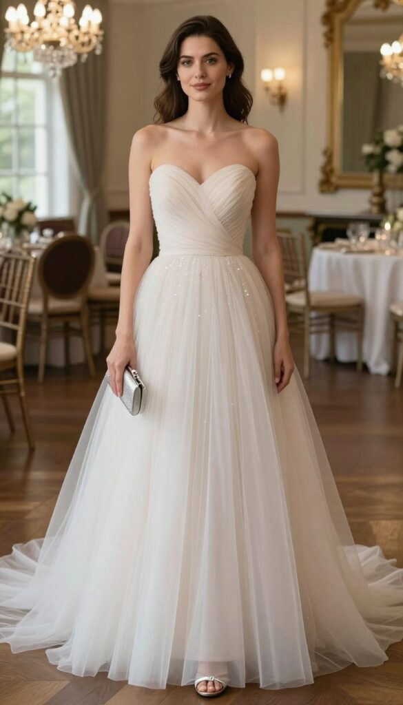 Woman in blush tulle mermaid wedding dress with structured bodice, standing in elegant ballroom with chandeliers, holding metallic clutch