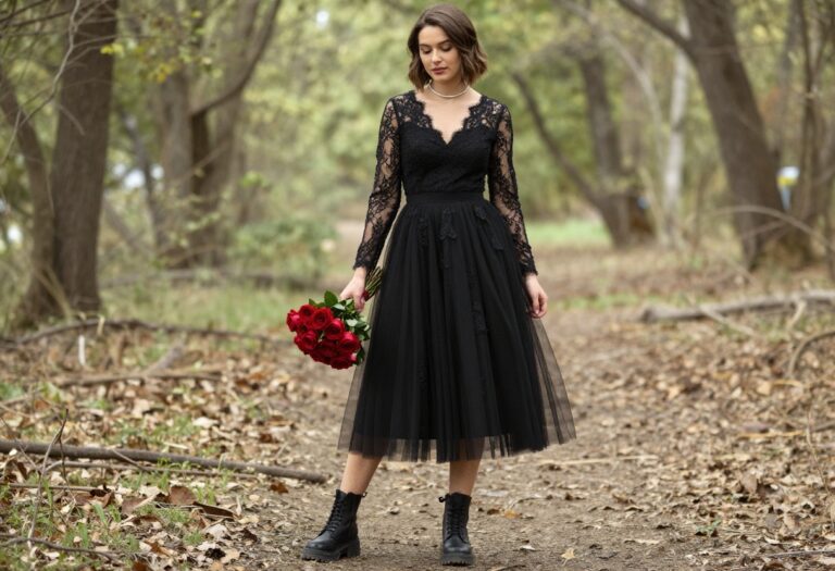 Woman in black lace goth wedding dress with long sleeves and tulle skirt standing in forest