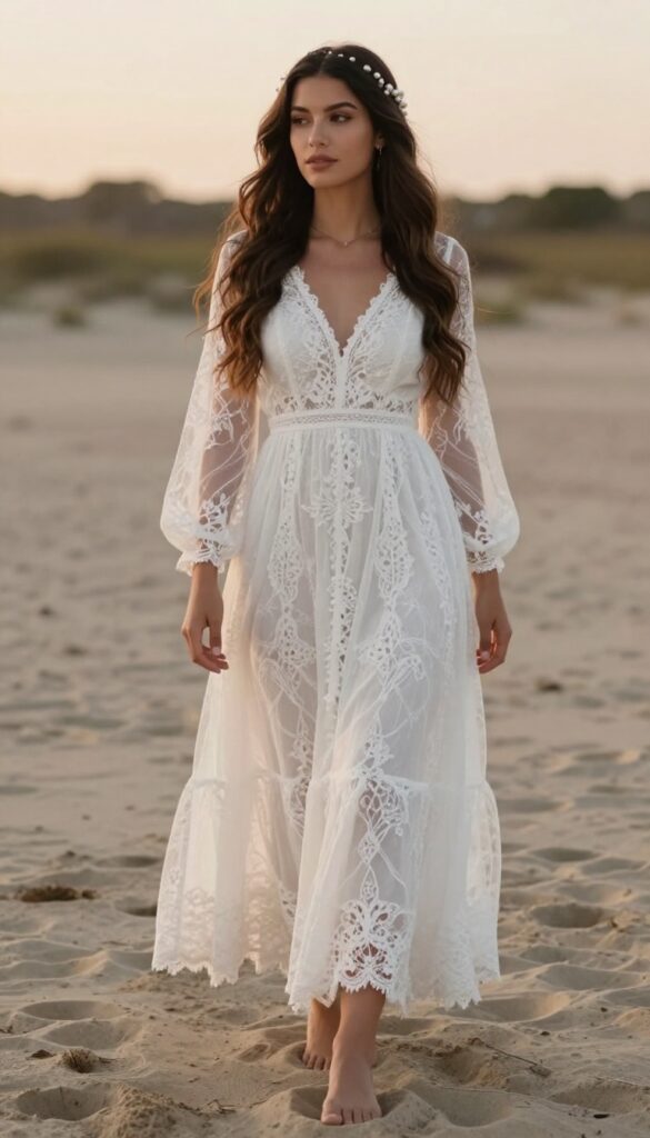 Bohemian lace dress with pearl hair vine for a whimsical beach wedding outfit