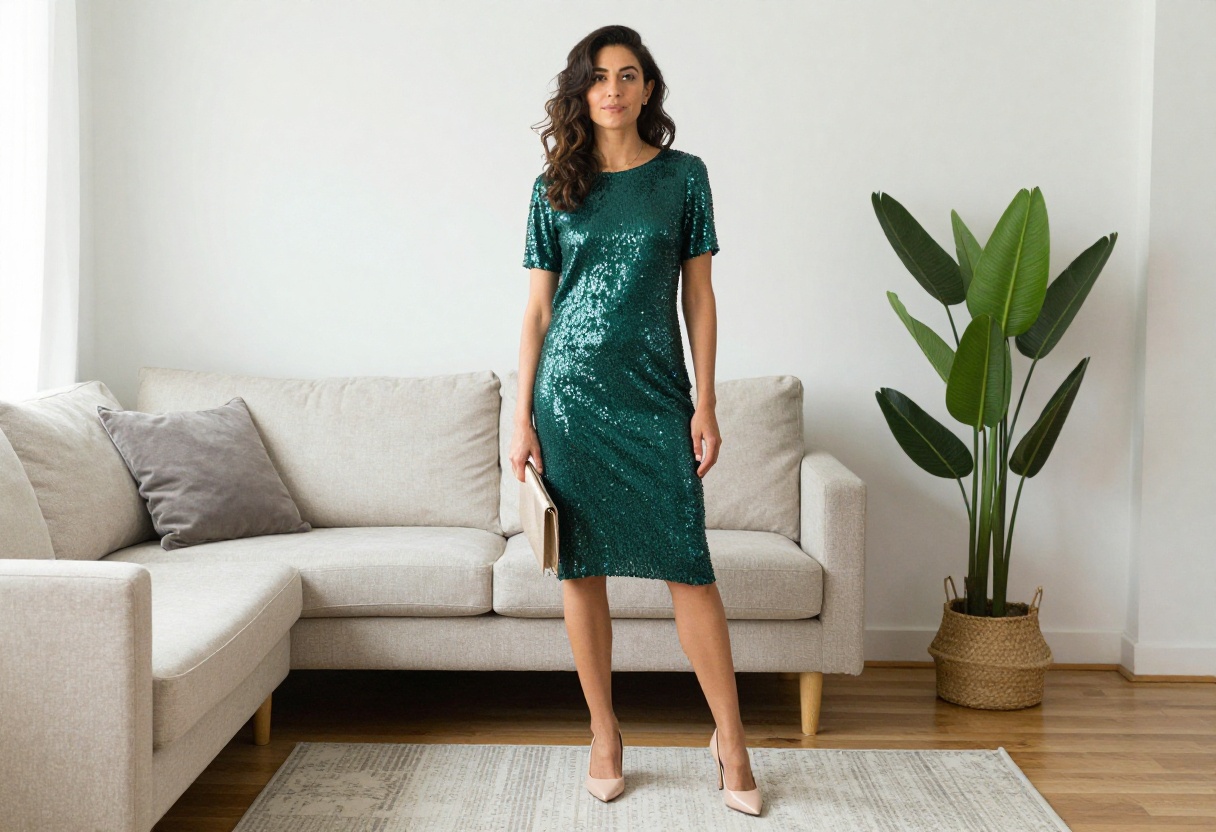 Woman in emerald sequin midi dress with nude heels and clutch, standing in bright living room